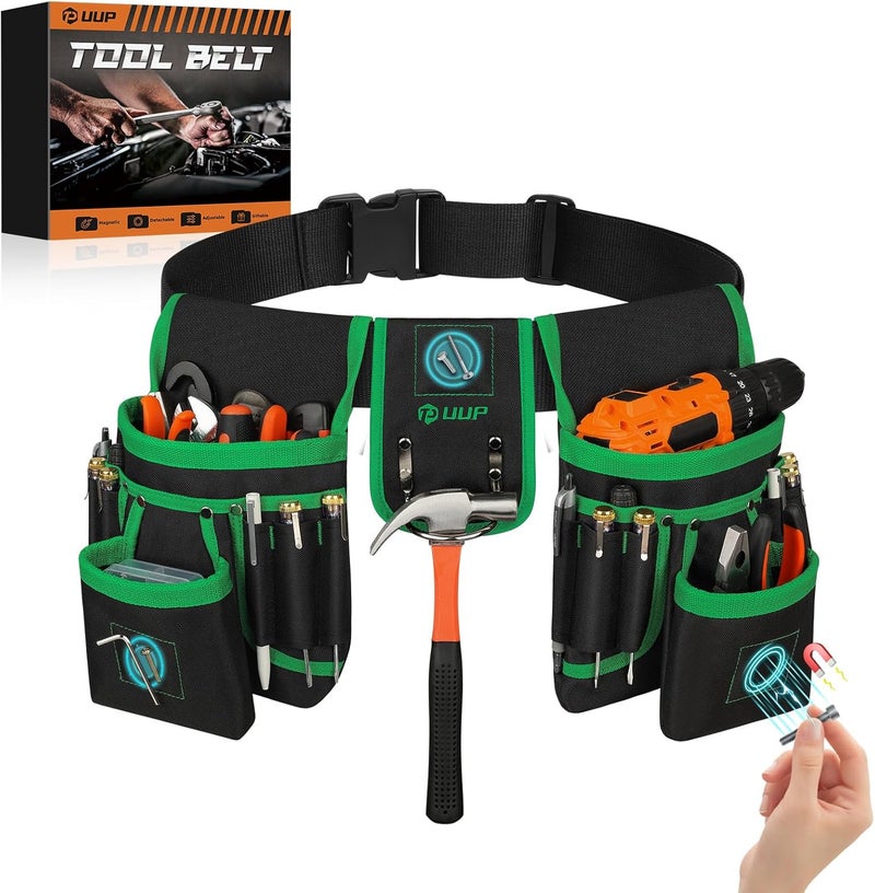 UUP Magnetic Tool Belt for Men, 26 Pockets Heavy Duty Tool Pouch, Valentine's Day Gifts, Magnet Holster Nail Utility Toolbelt Detachable Waist Holder for Handyman Contractor Mechanic Plumber Roofer -Green - Image 1